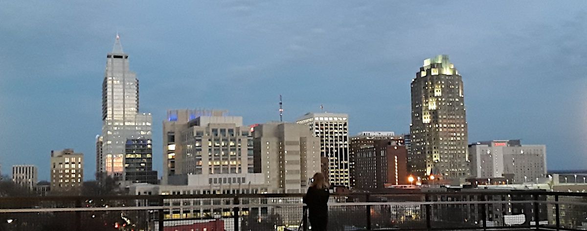 Downtown Raleigh buildings in the evening